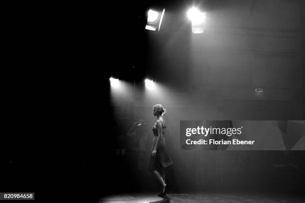 Model walks the runway at the 3D Fashion Presented By Lexus/Voxelworld show during Platform Fashion July 2017 at Areal Boehler on July 22, 2017 in...