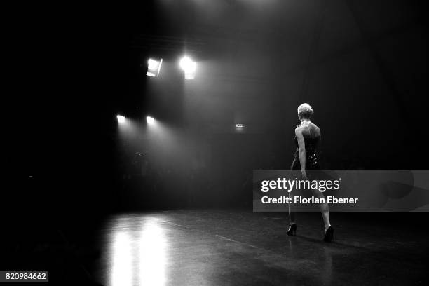 Model walks the runway at the 3D Fashion Presented By Lexus/Voxelworld show during Platform Fashion July 2017 at Areal Boehler on July 22, 2017 in...