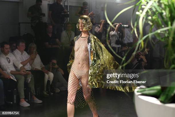 Model walks the runway at the 3D Fashion Presented By Lexus/Voxelworld show during Platform Fashion July 2017 at Areal Boehler on July 22, 2017 in...