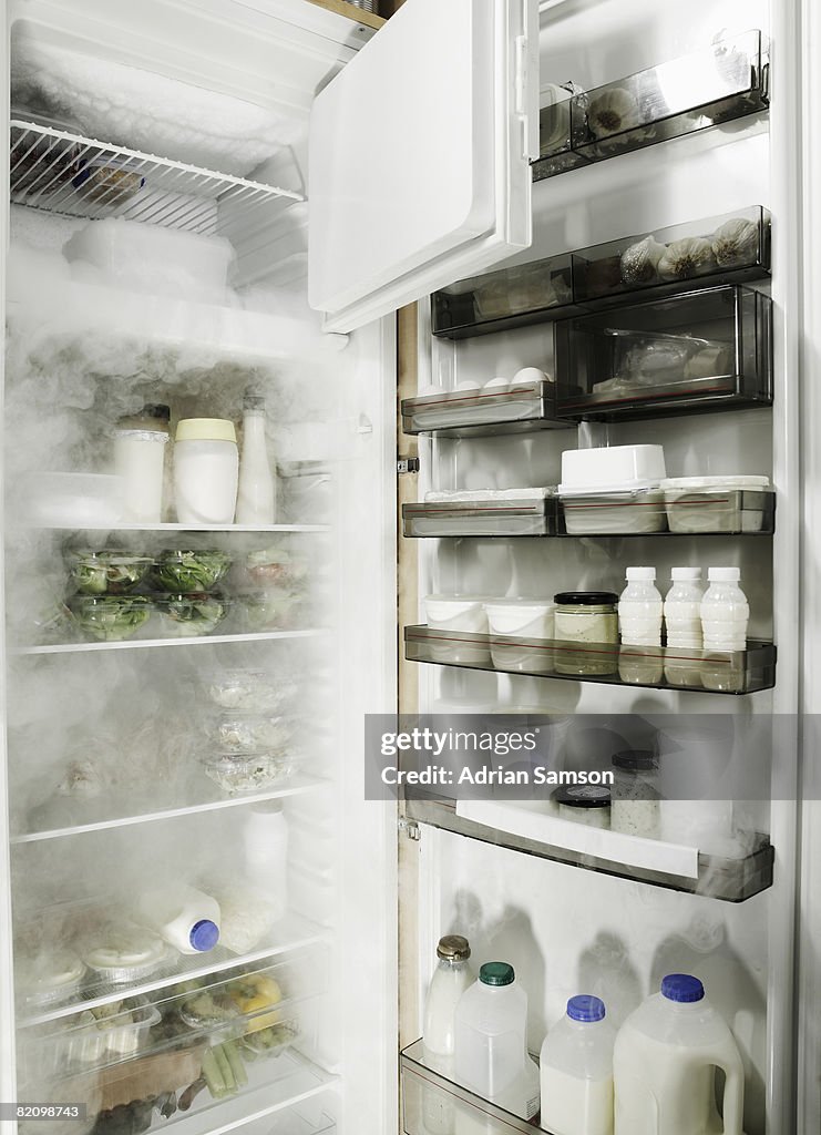 Fridge filled with white food spilling ice