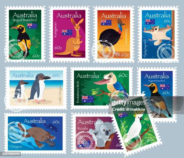 illustrazioni stock, clip art, cartoni animati e icone di tendenza di francobolli australiani - koala