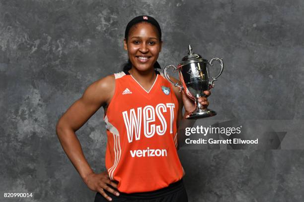 Maya Moore of the Minnesota Lynx and the Western Conference All-Star poses with the MVP trophy after the Verizon WNBA All-Star Game 2017 at KeyArena...