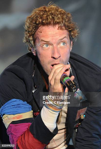 Vocalist Chris Martin of Coldplay performs on day three of the 2008 Pemberton Music Festival on July 27, 2008 in Pemberton, British Columbia, Canada.