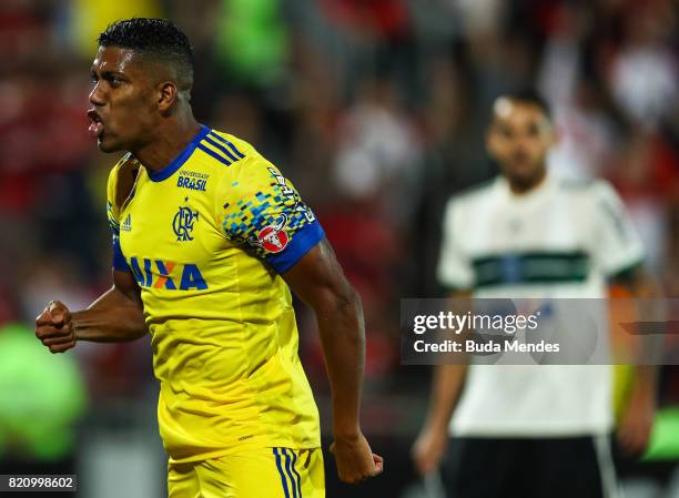 Orlando Berrio of Flamengo celebrates a scored goal during a match between Flamengo and Coritiba as part of Brasileirao Series A 2017 at Ilha do...