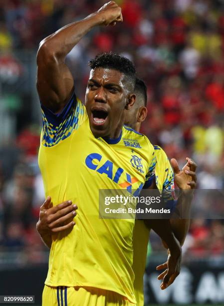 Orlando Berrio of Flamengo celebrates a scored goal during a match between Flamengo and Coritiba as part of Brasileirao Series A 2017 at Ilha do...