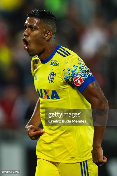 Orlando Berrio of Flamengo celebrates a scored goal during a match between Flamengo and Coritiba as part of Brasileirao Series A 2017 at Ilha do...