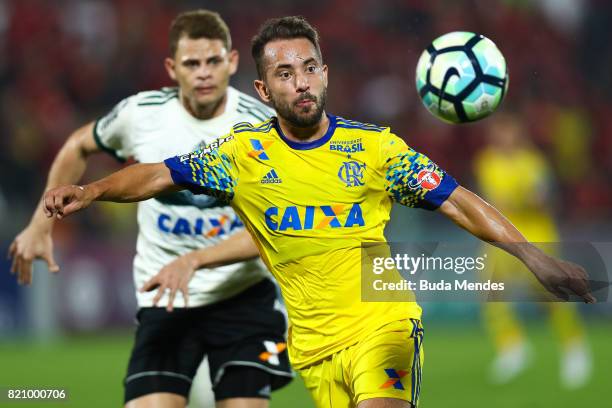 Everton Ribeiro of Flamengo struggles for the ball with Jonas of Coritiba during a match between Flamengo and Coritiba as part of Brasileirao Series...