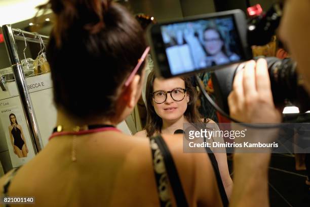 Designer Keren Gasner prepares backstage at SWIMMIAMI Gottex Cruise 2018 Fashion Show at WET Deck at W South Beach on July 22, 2017 in Miami Beach,...