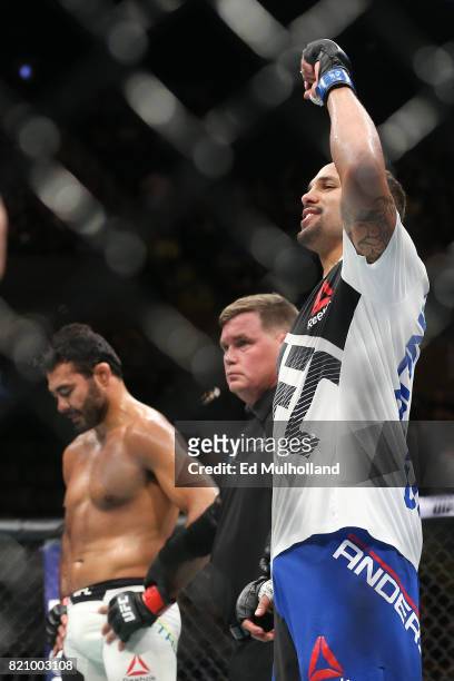 Eryk Anders celebrates his knockout win over Rafael Natal during their UFC Fight Night welterweight bout at the Nassau Veterans Memorial Coliseum on...