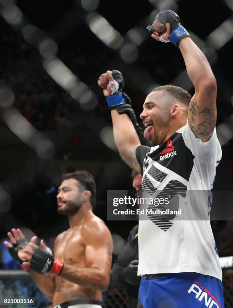 Eryk Anders celebrates his knockout win over Rafael Natal during their UFC Fight Night welterweight bout at the Nassau Veterans Memorial Coliseum on...