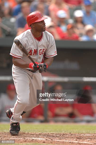 Torii Hunter of the Los Angeles Angels of Anaheim bats during a baseball game against the Baltimore Orioles on July 27, 2008 at Camden Yards in...