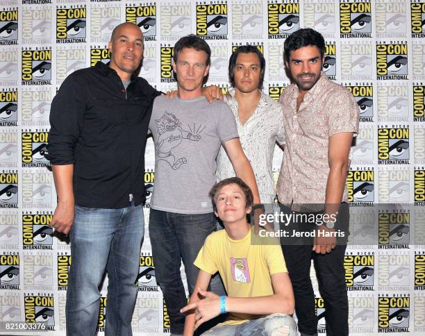 Actors Coby Bell,, Stephen Moyer, Percy Hynes White, Blair Redford and Sean Teale at "The Gifted" Press Line during Comic-Con International 2017 at...