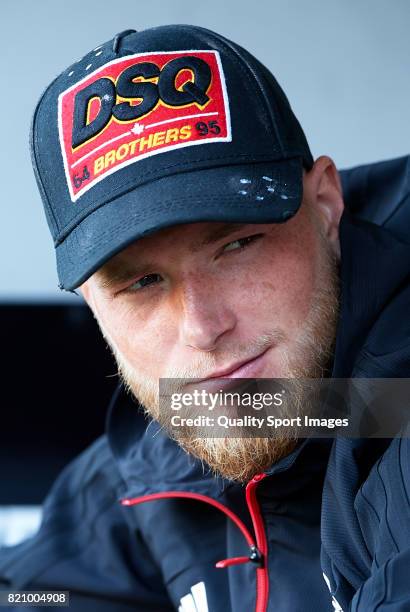 John Guidetti of Celta de Vigo reacts during the pre-season friendly match between Celta de Vigo and Racing de Ferrol at A Malata Stadium on July 22,...