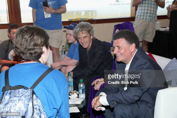 Actor Peter Capaldi and writer Steven Moffat with Make-A-Wish kids on the #IMDboat at San Diego Comic-Con 2017 at The IMDb Yacht on July 22, 2017 in...