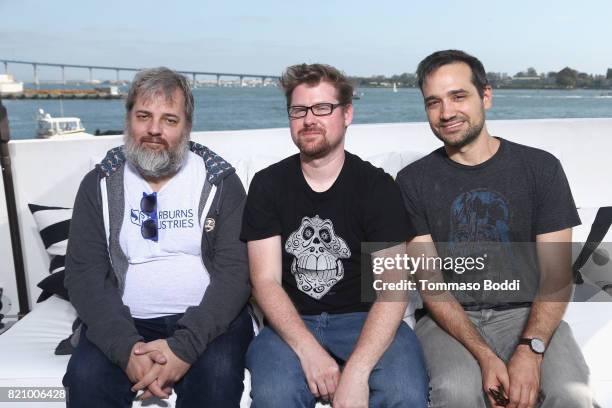 Dan Harmon, Justin Roiland and Ryan Ridley on the #IMDboat at San Diego Comic-Con 2017 at The IMDb Yacht on July 22, 2017 in San Diego, California.