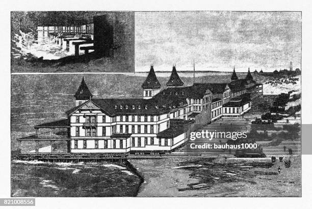 victorian hotel direkt am meer strand erosion, 1873 zog - holzeisenbahn stock-grafiken, -clipart, -cartoons und -symbole