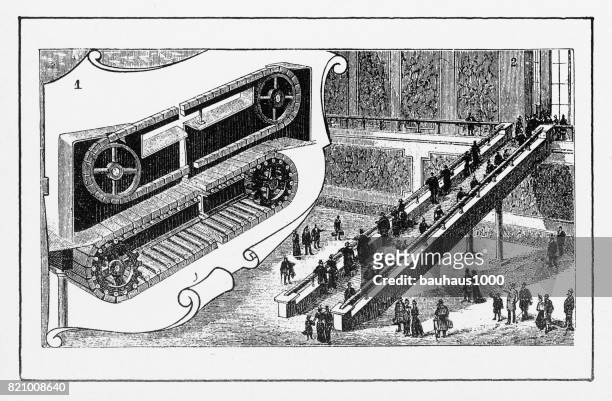 在紐約，移動樓梯早期美國雕刻機 - escalator 幅插畫檔、美工圖案、卡通及圖標