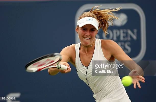 Nicole Vaidisova of the Czech Republic returns a shot to Ai Sugiyama of Japan during Day 2 of Rogers Cup Tennis on July 29, 2008 at Stade Uniprix in...