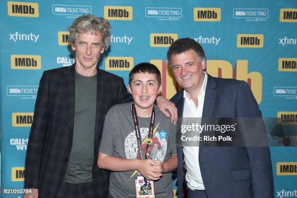 Actor Peter Capaldi and writer Steven Moffat with Make-A-Wish kids on the #IMDboat at San Diego Comic-Con 2017 at The IMDb Yacht on July 22, 2017 in...