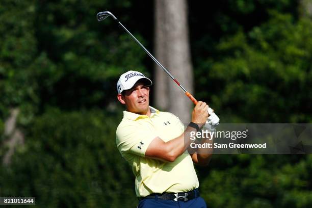 Scott Stallings of the United States plays his shot from the 17th tee during the third round of the Barbasol Championship at the Robert Trent Jones...