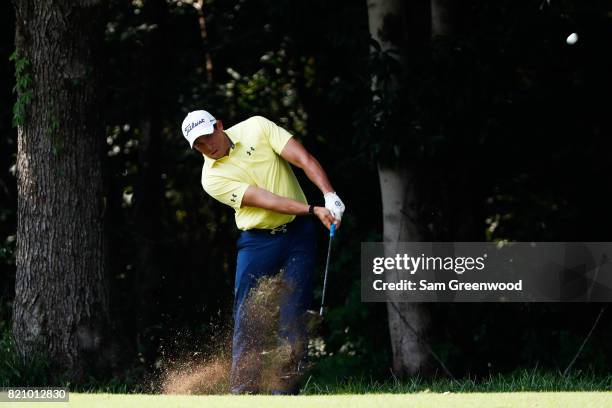 Scott Stallings of the United States plays a shot on the 16th hole during the third round of the Barbasol Championship at the Robert Trent Jones Golf...