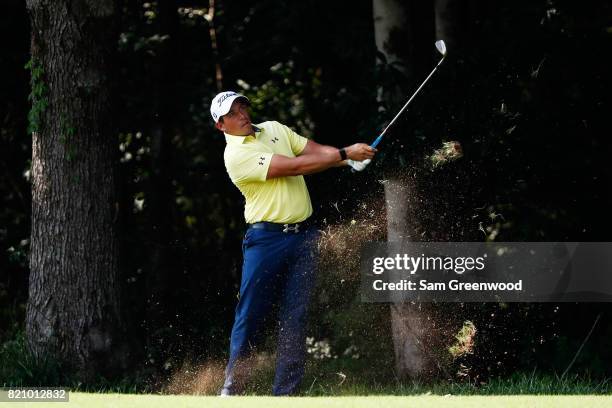 Scott Stallings of the United States plays a shot on the 16th hole during the third round of the Barbasol Championship at the Robert Trent Jones Golf...