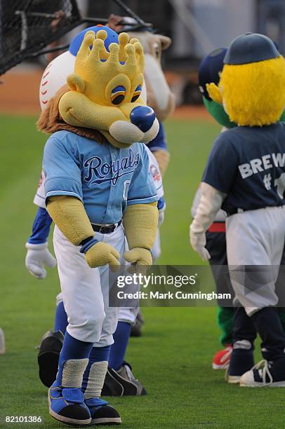 Kansas City Royals mascot Sluggerrr entertains fans before the State Farm Home Run Derby at the Yankee Stadium in the Bronx, New York on July 14,...