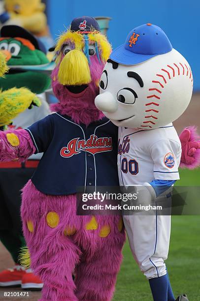 New York Mets mascot Mr. Met and Cleveland Indians mascot Slider entertain fans before the State Farm Home Run Derby at the Yankee Stadium in the...
