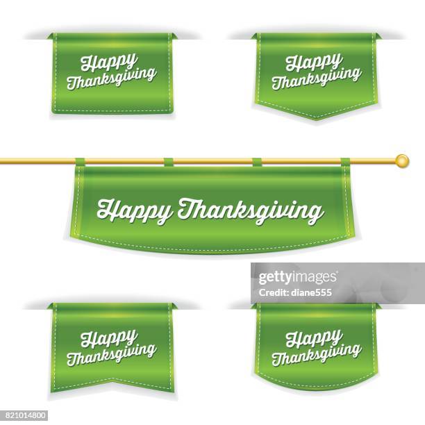shiny 3d folded ribbon bookmark with "happy thanksgiving" text - hanging curtains stock illustrations