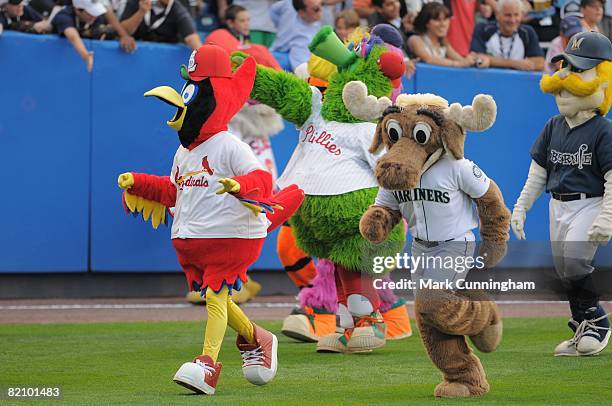 Various team mascots entertain fans before the State Farm Home Run Derby at the Yankee Stadium in the Bronx, New York on July 14, 2008.