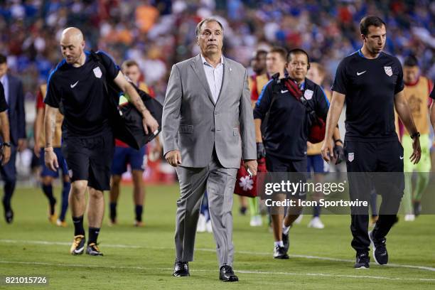 United States head coach Bruce Arena looks on during a CONCACAF Gold Cup Quarterfinal match between the United States v El Salvador at Lincoln...