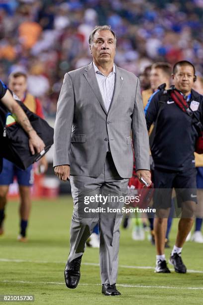 United States head coach Bruce Arena looks on during a CONCACAF Gold Cup Quarterfinal match between the United States v El Salvador at Lincoln...