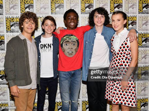 Actors Gaten Matarazzo, Noah Schnapp, Caleb McLaughlin, Finn Wolfhard and Millie Bobby Brown at Netflix's "Stranger Things" Press line during...