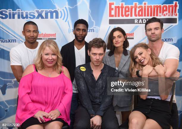 Charles Michael Davis, Julie Plec, Yusuf Gatewood, Joseph Morgan, Phoebe Tonkin, Riley Voelkel and Daniel Gillies attend SiriusXM's Entertainment...