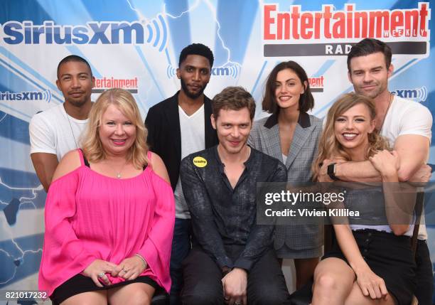 Charles Michael Davis, Julie Plec, Yusuf Gatewood, Joseph Morgan, Phoebe Tonkin, Riley Voelkel and Daniel Gillies attend SiriusXM's Entertainment...