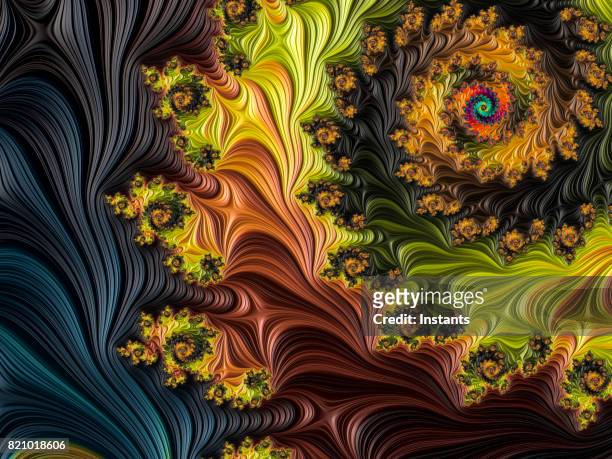 multi-colored high resolution textured fractal background that reminds of a forest, as seen from above in a 60's album cover style. - fractal stock pictures, royalty-free photos & images