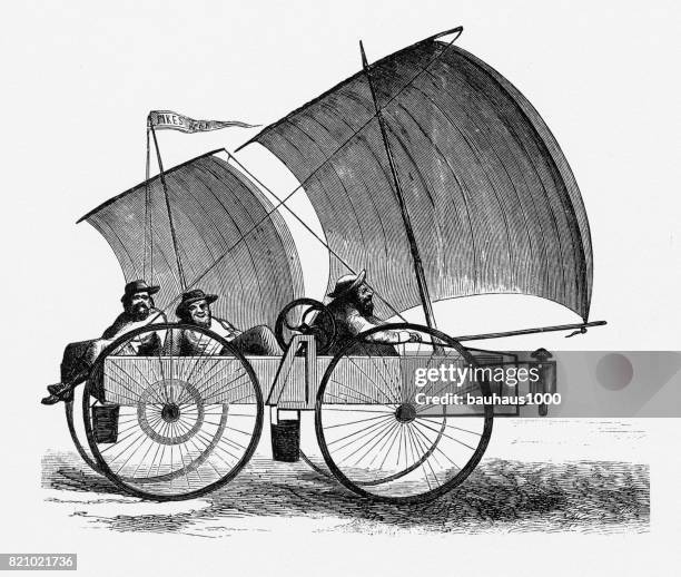 wind powered car sailing to pikes peak, 1860 - pikes peak stock illustrations
