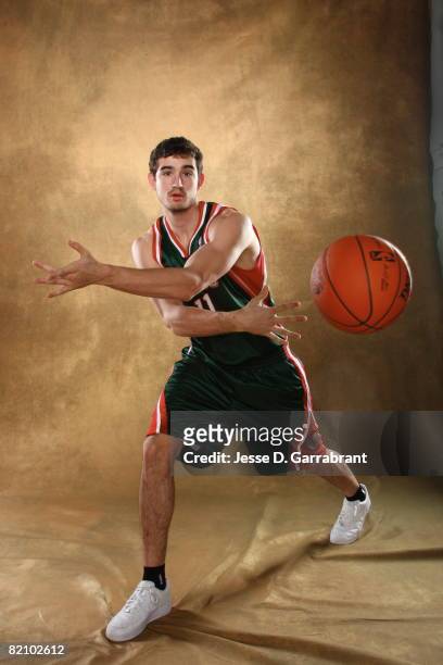 Joe Alexander of the Milwaukee Bucks poses for a portrait during the 2008 NBA Rookie Photo Shoot on July 29, 2008 at the MSG Training Facility in...