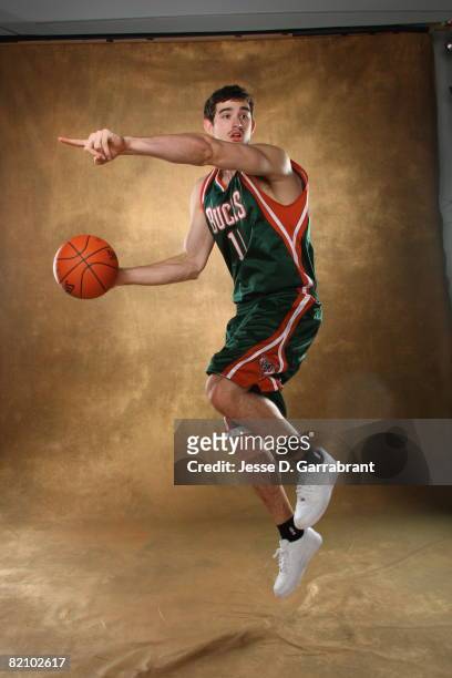 Joe Alexander of the Milwaukee Bucks poses for a portrait during the 2008 NBA Rookie Photo Shoot on July 29, 2008 at the MSG Training Facility in...
