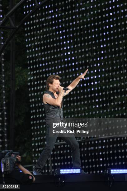 Bon Jovi performs on stage in Central Park as part of the 2008 MLB All-Star Weekend at Central Park in New York, New York on July 12, 2008.