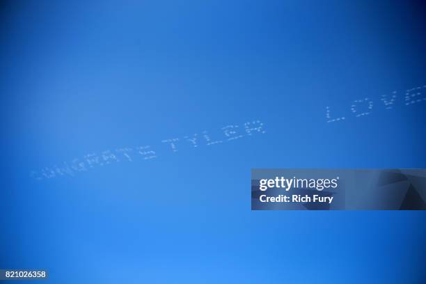 Skywriting is seen during day 2 of FYF 2017 on July 21, 2017 at Exposition Park in Los Angeles, California.