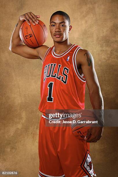 Derrick Rose of the Chicago Bulls poses for a portrait during the 2008 NBA Rookie Photo Shoot on July 29, 2008 at the MSG Training Facility in...