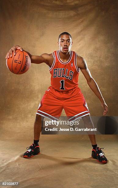 Derrick Rose of the Chicago Bulls poses for a portrait during the 2008 NBA Rookie Photo Shoot on July 29, 2008 at the MSG Training Facility in...