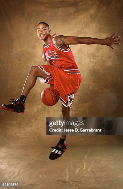 Derrick Rose of the Chicago Bulls poses for a portrait during the 2008 NBA Rookie Photo Shoot on July 29, 2008 at the MSG Training Facility in...