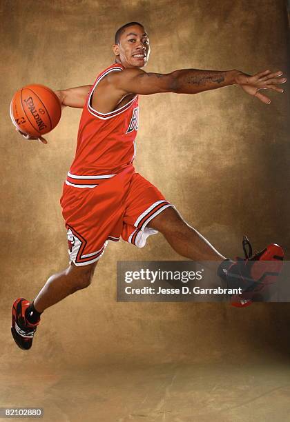 Derrick Rose of the Chicago Bulls poses for a portrait during the 2008 NBA Rookie Photo Shoot on July 29, 2008 at the MSG Training Facility in...