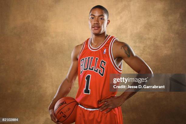 Derrick Rose of the Chicago Bulls poses for a portrait during the 2008 NBA Rookie Photo Shoot on July 29, 2008 at the MSG Training Facility in...