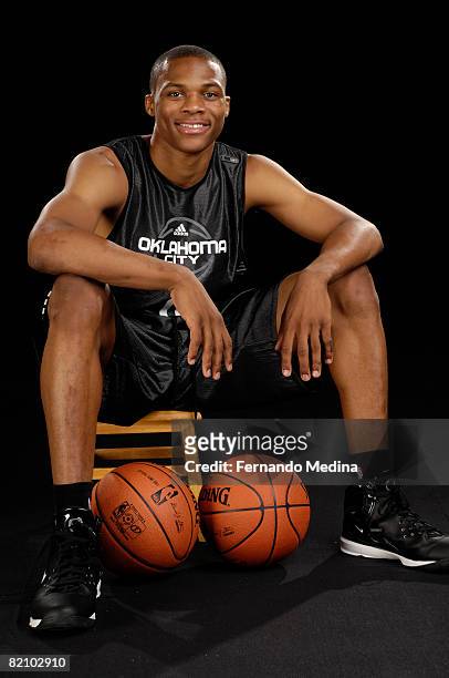 Russell Westbrook of Oklahoma City poses for a portrait during the 2008 NBA Rookie Photo Shoot on July 29, 2008 at the MSG Training Facility in...