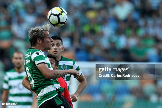 Sporting CP defender Fabio Coentrao from Portugal heads the ball during the Friendly match between Sporting CP and AS Monaco at Estadio Jose Alvalade...