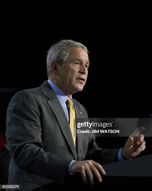 President George W. Bush make remarks on energy and the economy after touring Lincoln Electric Company in Euclid, Ohio, July 29, 2008. AFP PHOTO/Jim...