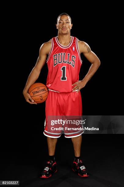 Derrick Rose of the Chicago Bulls poses for a portrait during the 2008 NBA Rookie Photo Shoot on July 29, 2008 at the MSG Training Facility in...